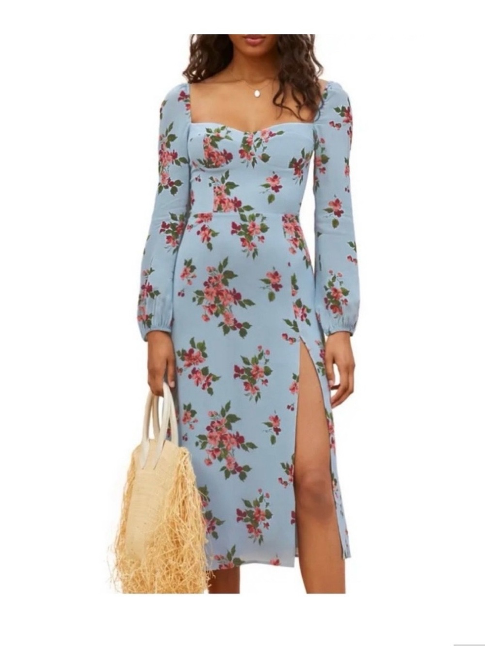 Reformation Light Blue Floral Midi Dress with Square Neck and High Slit